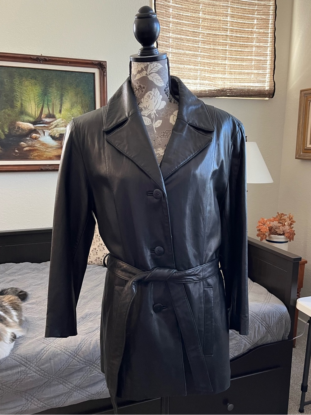 Black Leather Belted Trench Jacket - Women